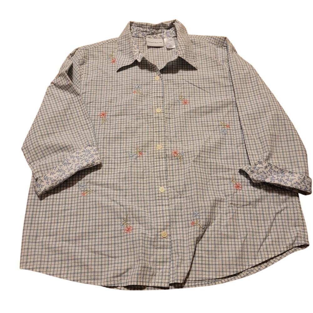Vtg Womens Floral Embroidered Checkered Gingham Button Down Shirt Sz 20